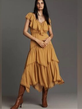 NWT retail $198 sizeM #Anthropologie Mustard Tiered Midi Dress with Ruffle VNeck